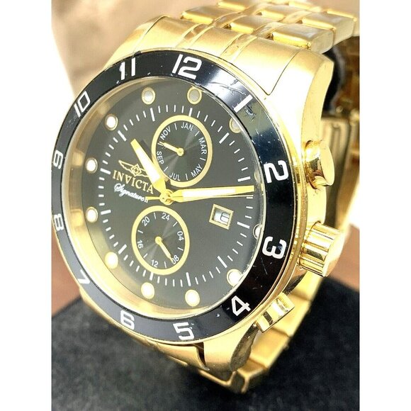 Invicta Mens Watch 7473 Signature II Quartz Black Dial Gold Stainless Steel 45mm - Picture 1 of 14